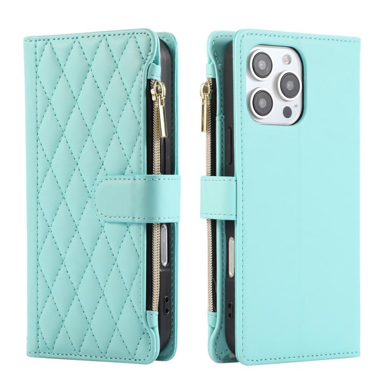Funda tipo billetera Rombal para iPhone 16 Pro Max con cremallera (Cian)