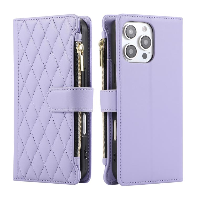 Funda de Cuero Tipo Billetera con Cremallera y Diseño Rombal para iPhone 16 Pro (Morado)