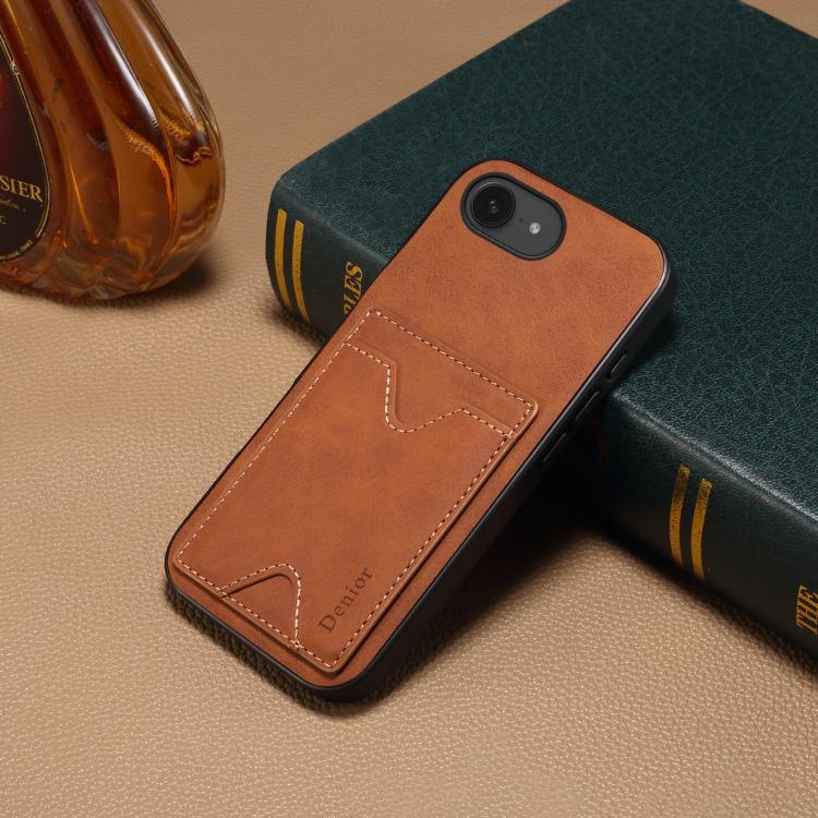 Funda Trasera Denior D06 para iPhone 16E con Ranura para Tarjeta y Soporte (Marrón)