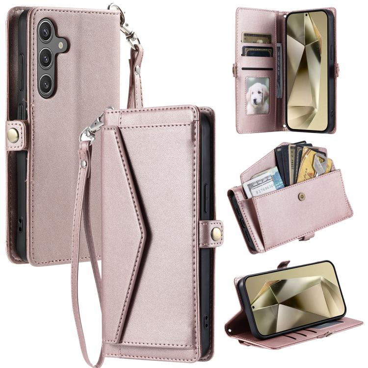 Funda de cuero con ranura para múltiples tarjetas y cordón para Samsung Galaxy S25 FE 5G (oro rosa)