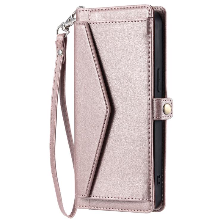 Funda de cuero con ranura para múltiples tarjetas y cordón para Samsung Galaxy S25 FE 5G (oro rosa)