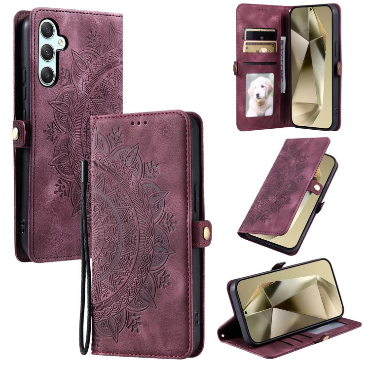 Funda de piel con relieve Totem para Samsung Galaxy S25 FE 5G (rojo vino)