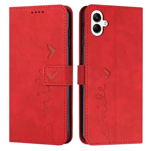 Funda de piel con diseño de corazón en relieve y cordón largo para Samsung Galaxy A07 4G (roja)