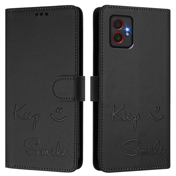 Funda de cuero RFID con relieve sonriente para Samsung Galaxy XCover7 Pro (negra)