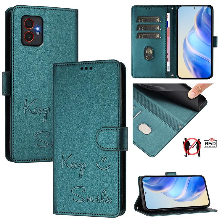 Funda de cuero RFID con relieve sonriente para Samsung Galaxy XCover7 Pro (verde pavo real)
