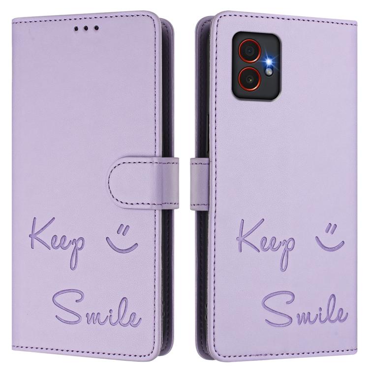 Funda de cuero RFID con relieve sonriente para Samsung Galaxy XCover7 Pro (morado claro)