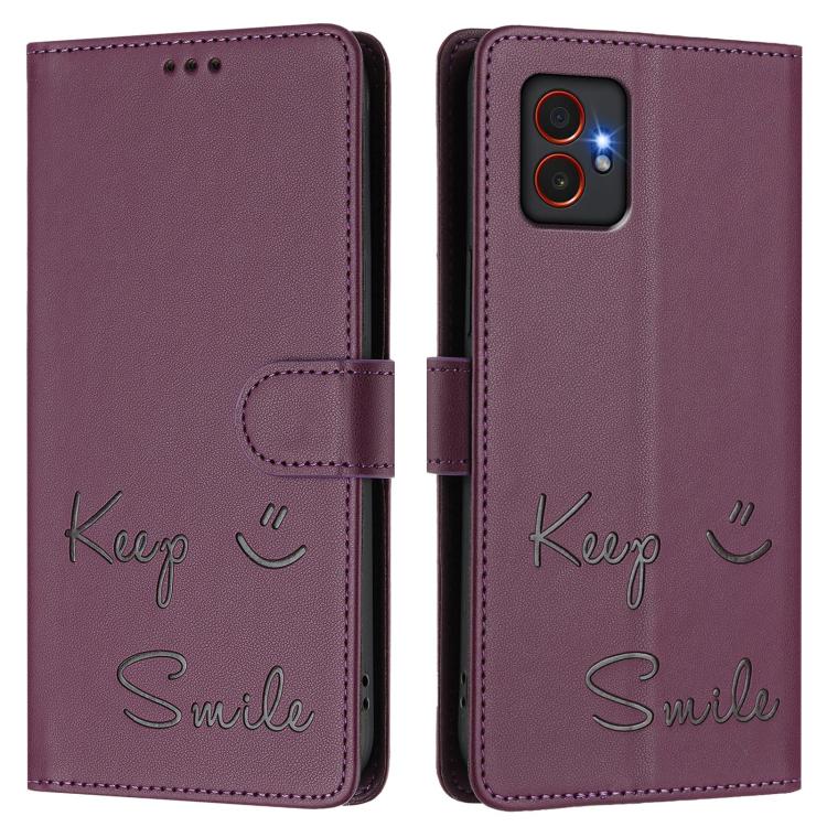 Funda de cuero RFID con relieve sonriente para Samsung Galaxy XCover7 Pro (violeta)
