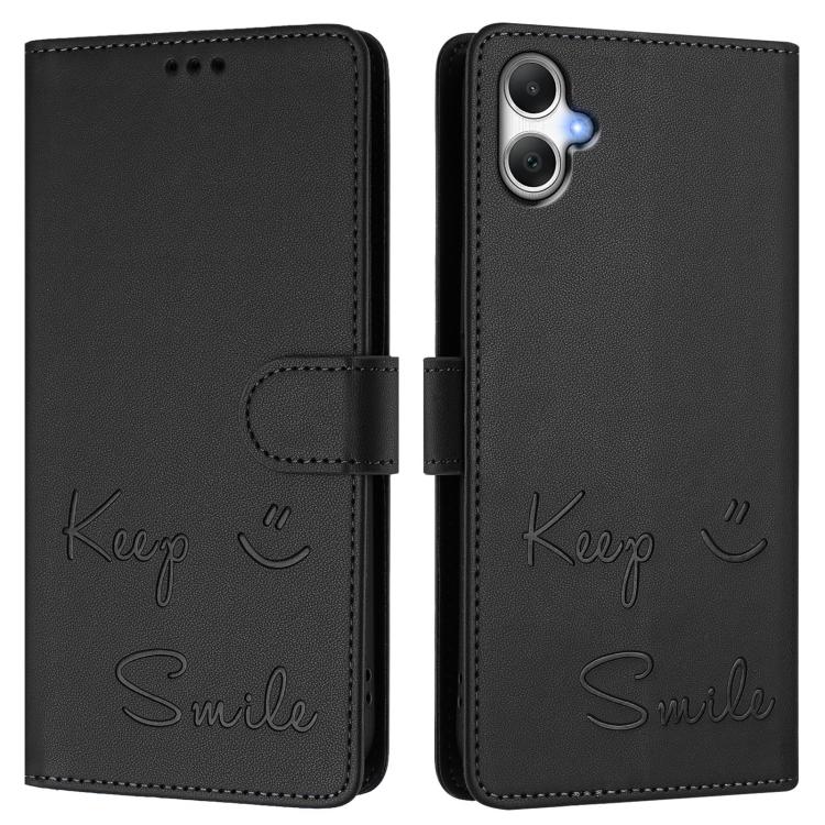 Funda de cuero RFID con relieve sonriente para Samsung Galaxy A07 4G (negra)