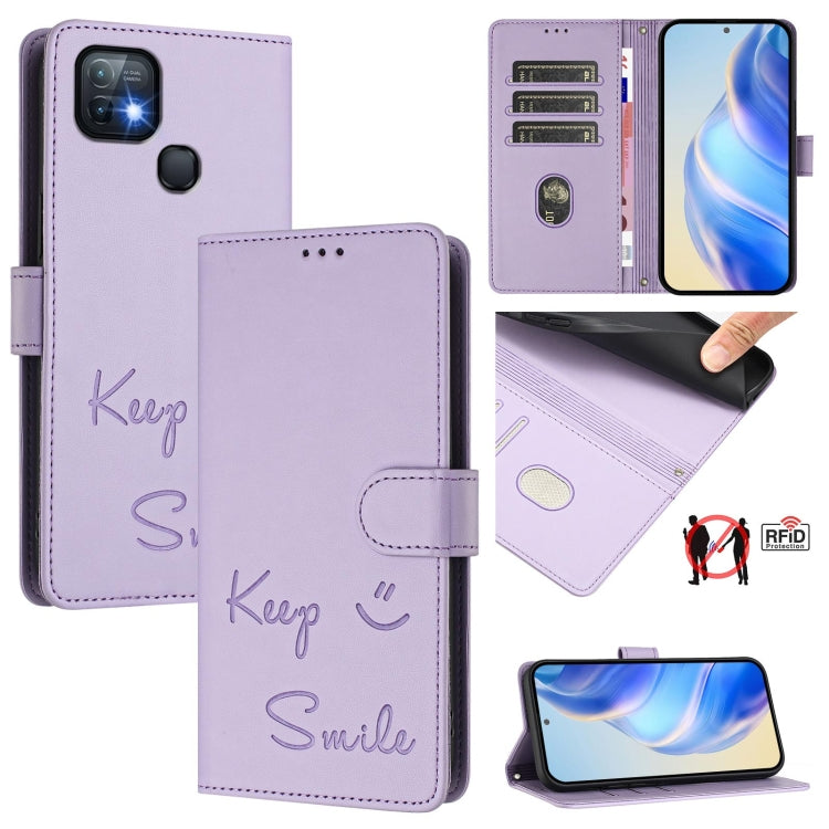 Funda de Cuero Rfid con Relieve Sonriente para Teléfono Infinix Hot 10I (Morado Claro)