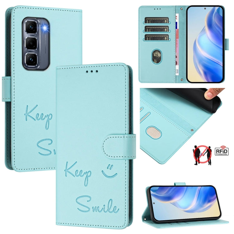 Funda de Cuero Rfid con Relieve Sonriente para Infinix Hot 50 Pro+ 4G (Verde Menta)