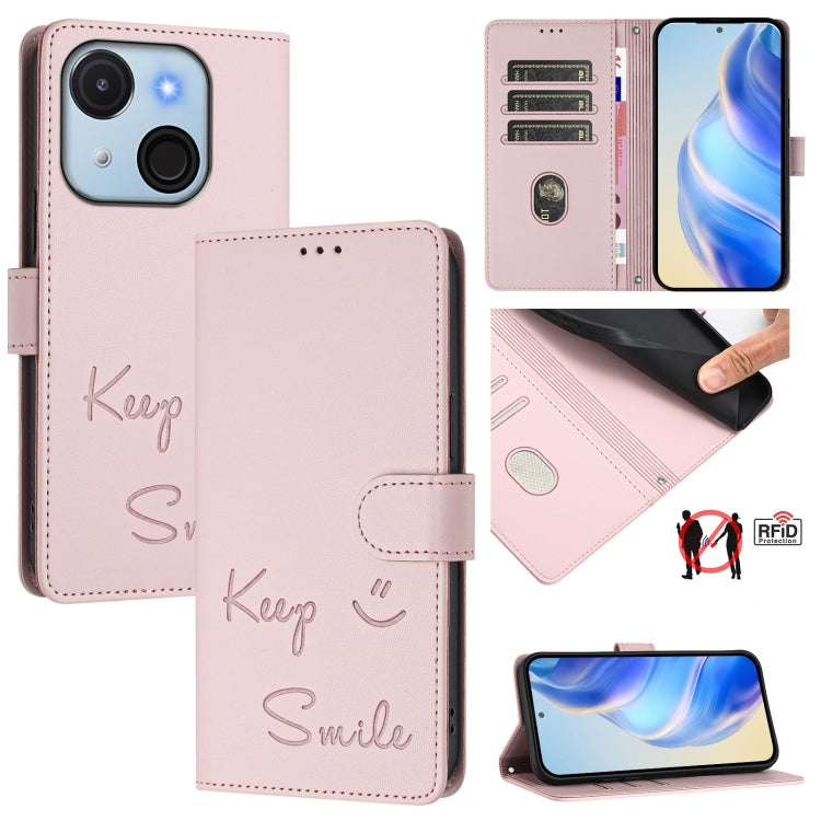 Funda de Cuero Rfid para Teléfono Itel A50C con Relieve Sonriente (Rosa)