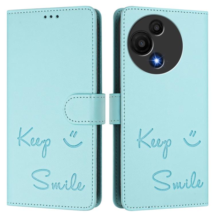 Funda de cuero RFID con relieve sonriente para TCL 605/60 SE (verde menta)