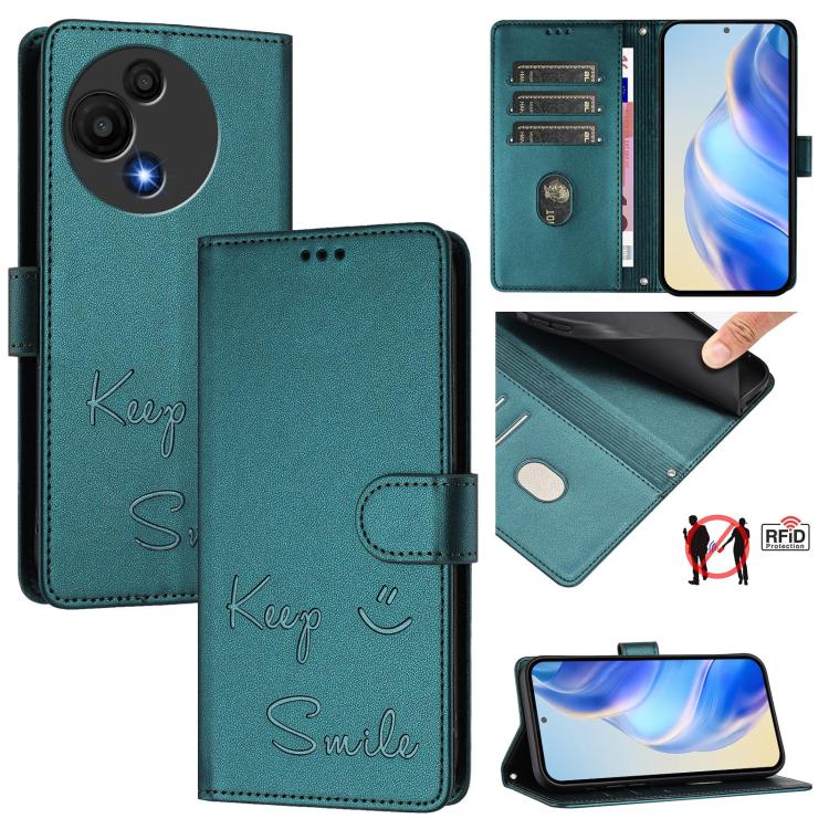 Funda de cuero RFID con relieve sonriente para TCL 605/60 SE (verde pavo real)