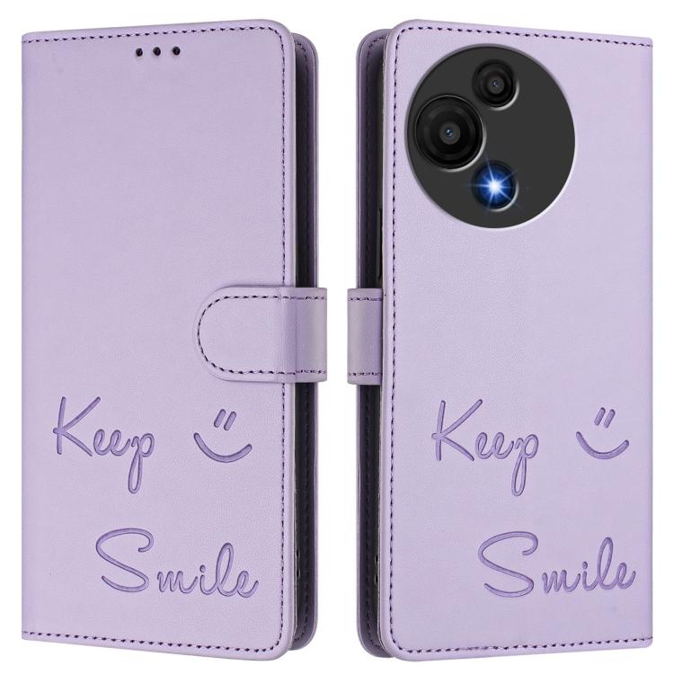 Funda de cuero RFID con relieve sonriente para TCL 605/60 SE (morado claro)