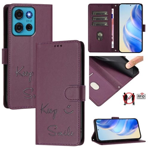 Funda de Cuero Rfid Motorola Moto G75 5G con Relieve Sonriente (Violeta)