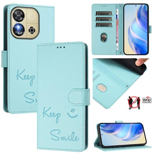 Funda de Cuero Rfid con Relieve Sonriente para Oukitel C57S (Verde Menta)