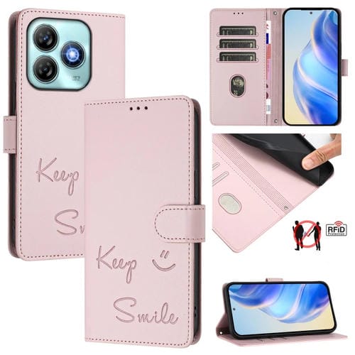 Funda de Cuero Rfid con Relieve Sonriente para ZTE Blade A75 4G (Rosa)