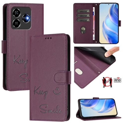 Funda de Cuero Rfid con Relieve Sonriente para ZTE Blade V60 Vita (Violeta)