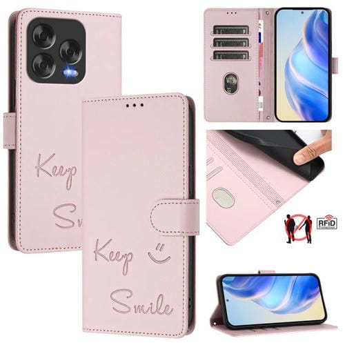 Funda de Cuero Rfid para ZTE Blade V70 con Diseño de Sonrisa en Relieve (Rosa)