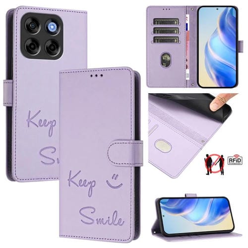 Funda de Cuero Rfid con Relieve Sonriente para ZTE Blade V70 (Morado Claro)
