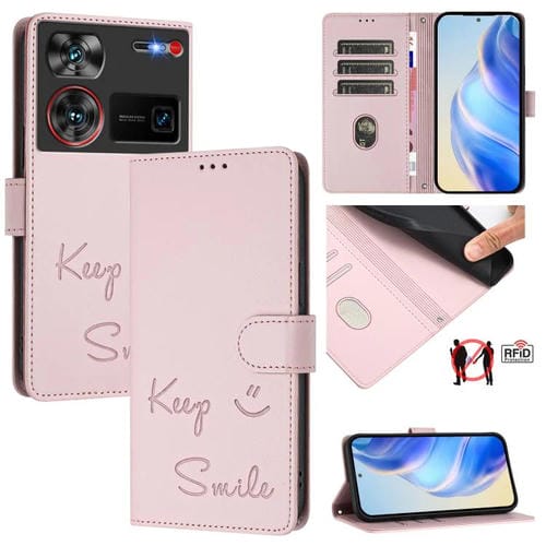 Funda de Cuero Rfid con Relieve Sonriente para ZTE Nubia Z60 Ultra (Rosa)