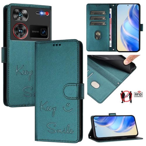 Funda de Cuero RFID con Relieve Sonriente para ZTE Nubia Z60 Ultra (Verde Pavo Real)