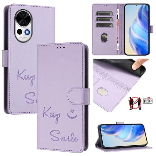 Funda de Cuero Rfid con Relieve Sonriente para Huawei Nova 13/Nova 12 (Morado Claro)