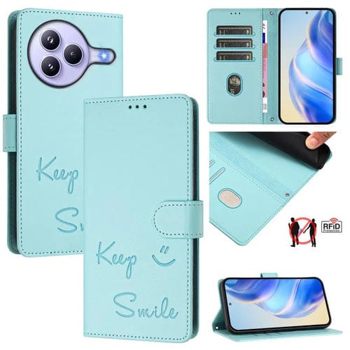 Funda de cuero RFID con relieve sonriente para Xiaomi Civi 5 Pro 5G (verde menta)