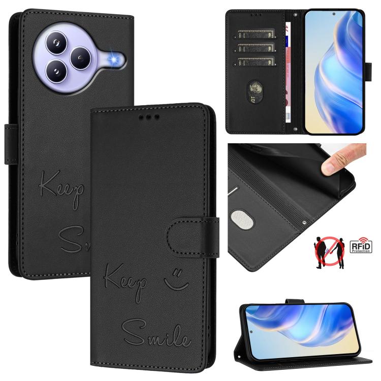 Funda de cuero RFID con relieve sonriente para Xiaomi Civi 5 Pro 5G (negra)