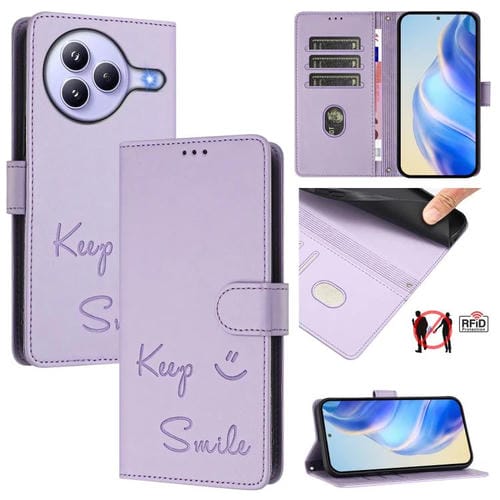 Funda de cuero RFID con relieve sonriente para Xiaomi Civi 5 Pro 5G (morado claro)