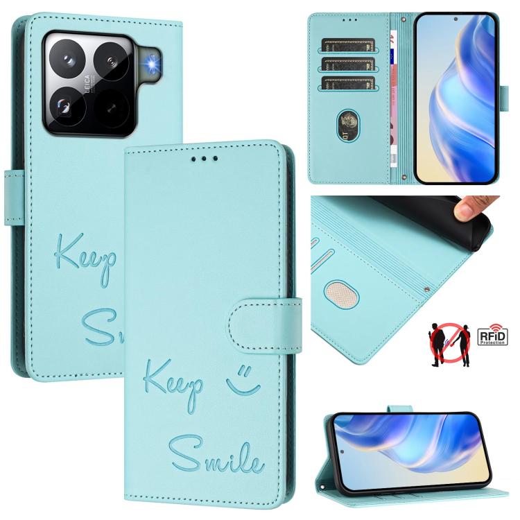 Funda de cuero RFID con relieve sonriente para Xiaomi 15S Pro 5G (verde menta)