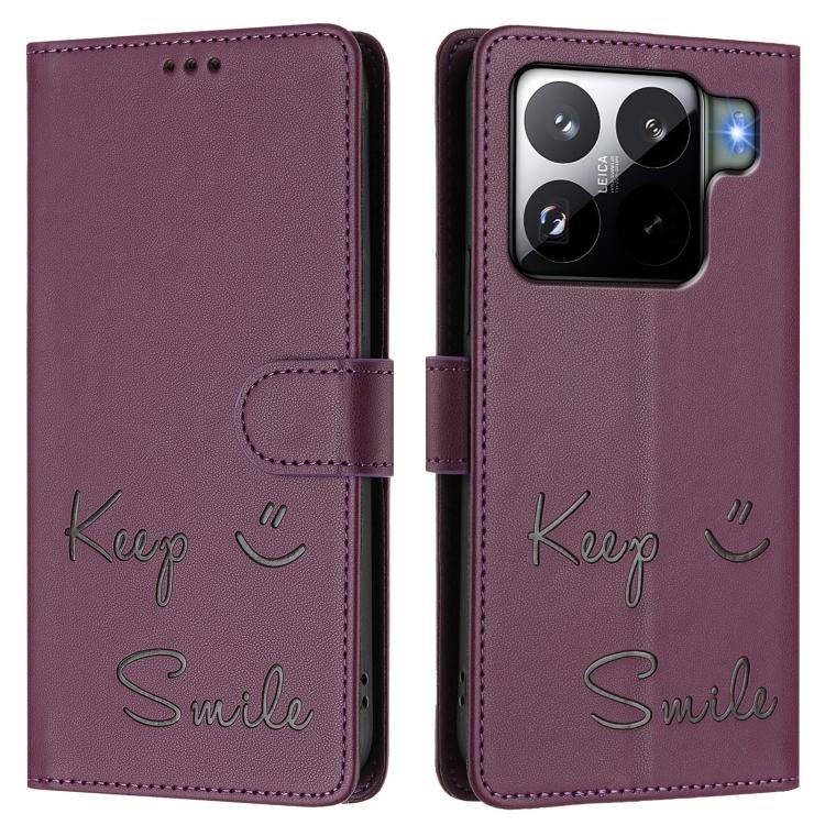 Funda de cuero RFID con relieve sonriente para Xiaomi 15S Pro 5G (violeta)
