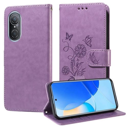 Funda de Cuero con Diseño de Mariposas y Flores en Relieve para Honor 50 Se Huawei Nova 9 Se (Morado)