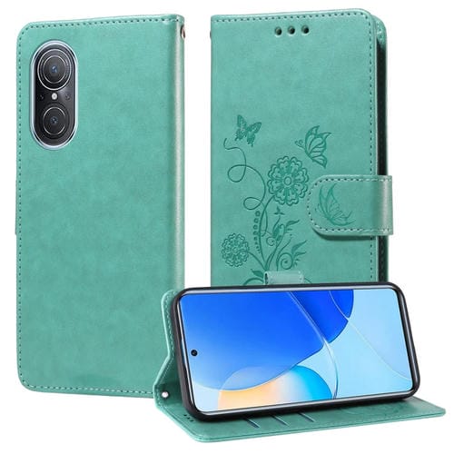 Funda de Cuero Honor 50 Se Huawei Nova 9 Se Diseño Mariposas y Flores en Relieve (Verde)