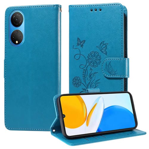 Funda de Cuero con Diseño de Mariposas y Flores en Relieve para Honor X7 4G Huawei Enjoy 30 Plus (Azul)