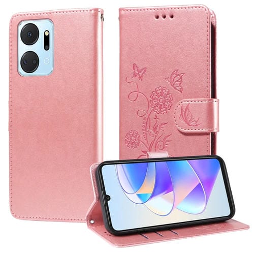 Funda de Cuero para Honor X7A 4G Play 7T con Diseño de Mariposas y Flores en Relieve (Oro Rosa)