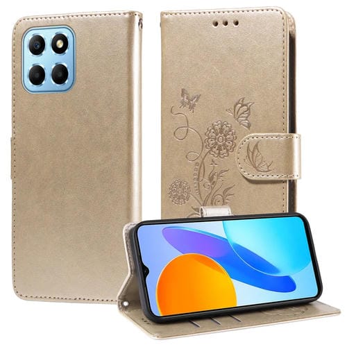 Funda de Cuero con Diseño de Mariposas y Flores en Relieve para Honor X8 5G/X6 4G/X8A 5G (Dorada)