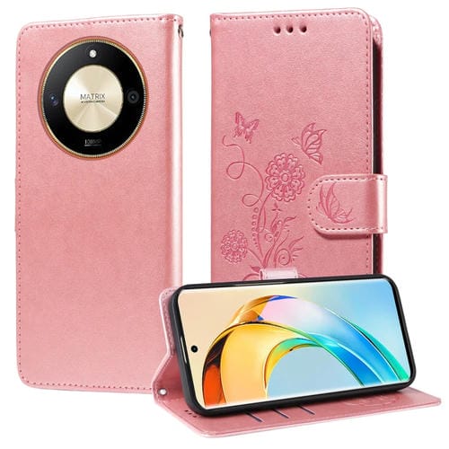 Funda de Cuero para Honor X50/X9B/Magic6 Lite con Diseño de Mariposas y Flores en Relieve (Oro Rosa)