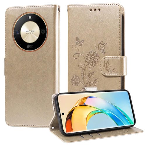 Funda de Cuero para Honor X50 Gt y X50 Pro con Diseño de Mariposas y Flores en Relieve (Dorada)