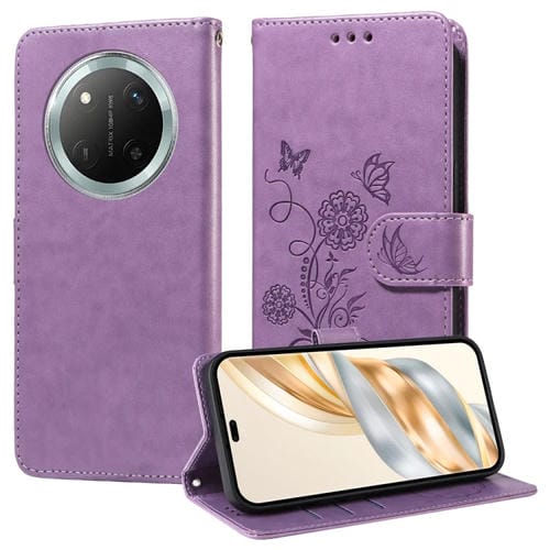 Funda de Cuero Honor X9C Magic7 Lite con Diseño de Mariposas y Flores en Relieve (Morado)