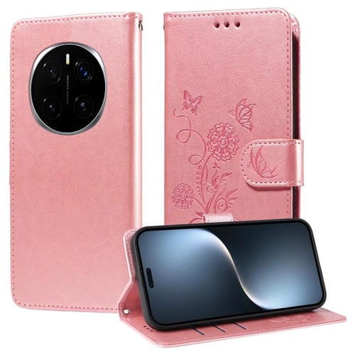 Funda de Cuero con Diseño de Mariposas y Flores en Relieve para Honor Magic7 Pro (Oro Rosa)