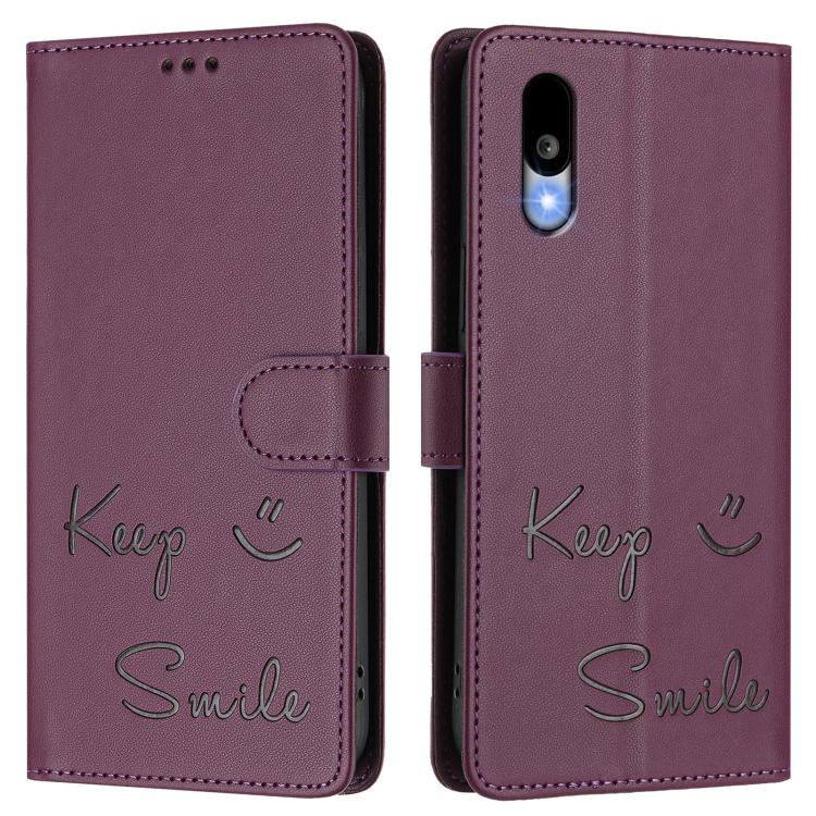 Funda de Cuero Rfid con Relieve Sonriente para Sharp Basio Active3 (Violeta)