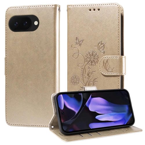 Funda de Cuero Google Pixel 9A con Diseño de Mariposas y Flores en Relieve (Dorada)