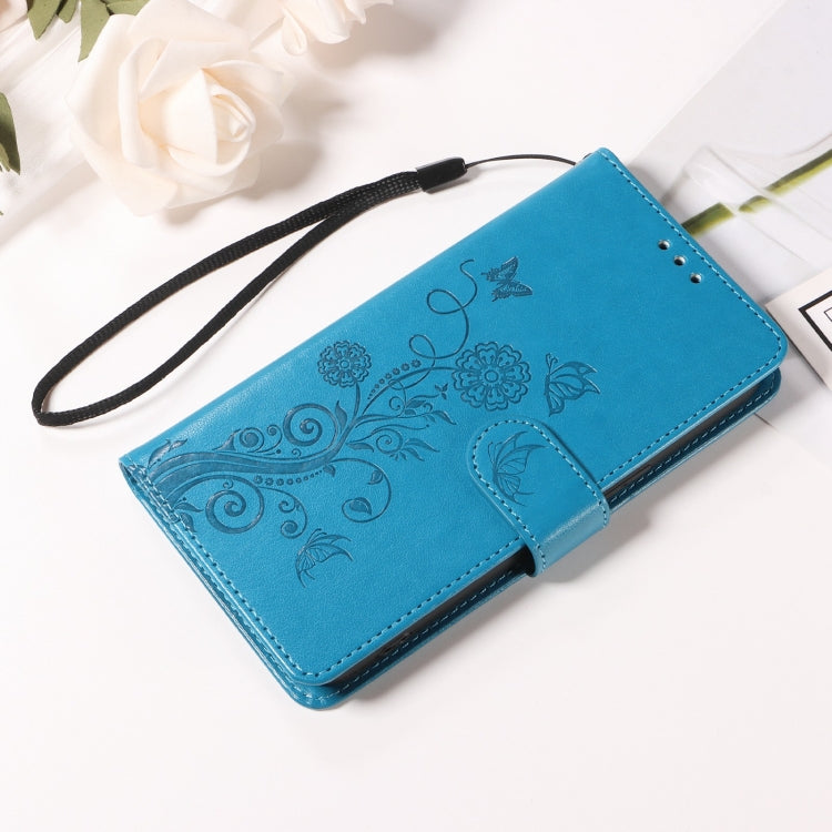 Funda de Cuero Sony Xperia 1 Vi Diseño Mariposas y Flores En Relieve (Azul)