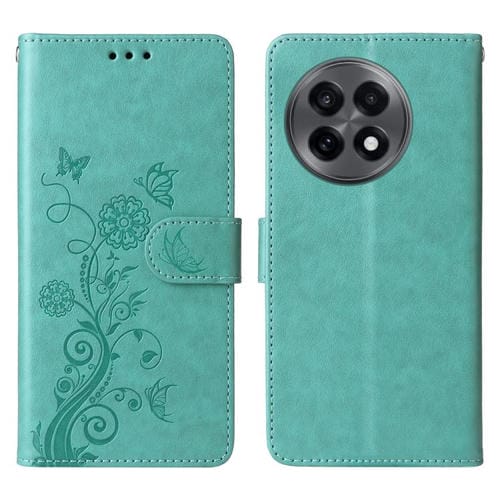 Funda de Cuero para OnePlus 13R/Ace 5/Ace 5 Pro con Diseño de Mariposas y Flores en Relieve (Verde)