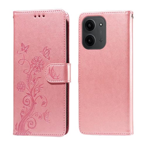 Funda de cuero con diseño de mariposas en relieve para Redmi 15C 4G (171,5 mm) y Xiaomi Poco C85 4G (oro rosa)