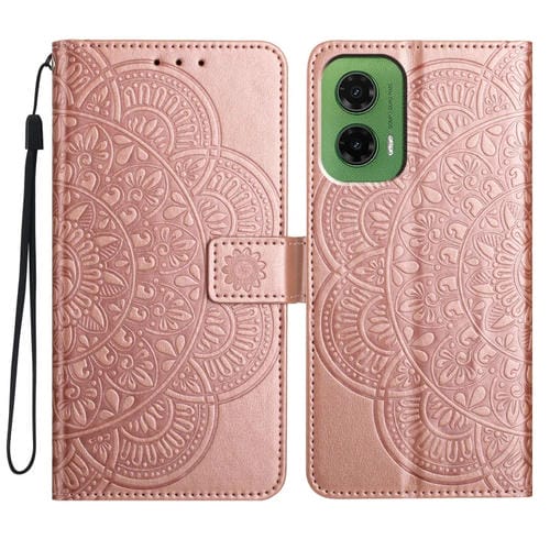 Funda de Cuero con Relieve Floral para Motorola Moto G35 (Oro Rosa)