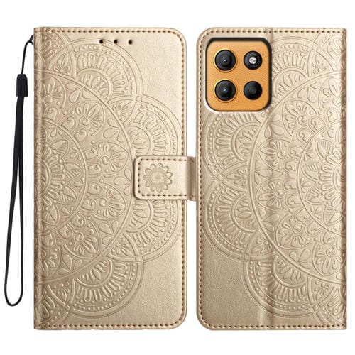 Funda de Cuero con Relieve Floral para Motorola Moto G15 (Dorada)