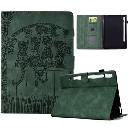 Funda de piel con relieve de gato para Samsung Galaxy Tab S10 FE+ (verde)