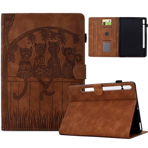 Funda de cuero con relieve de gatos para Samsung Galaxy Tab S10 FE+ (marrón)